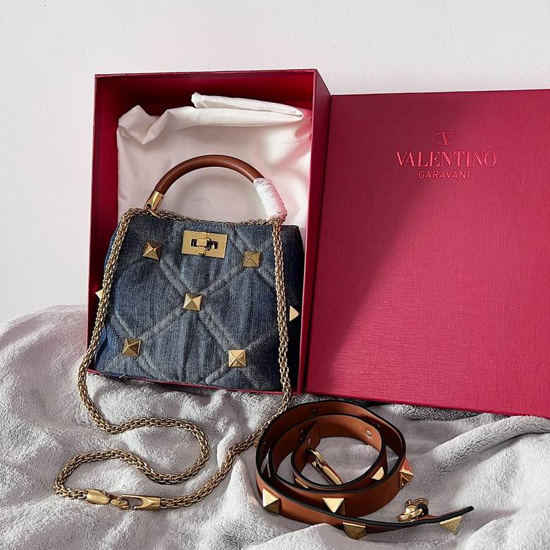 Valentino Garavani Roman Stud Top-Handle Bag in Blue Quilted Denim