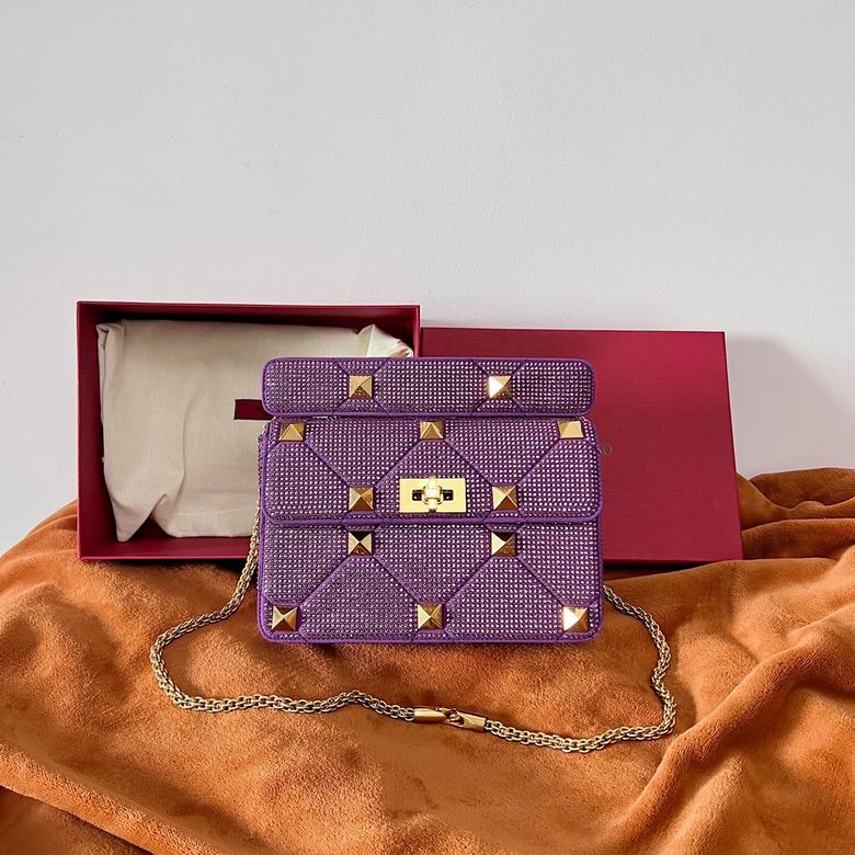 Valentino Garavani Roman Stud Crystal Shoulder Bag in Purple with Gold Studs