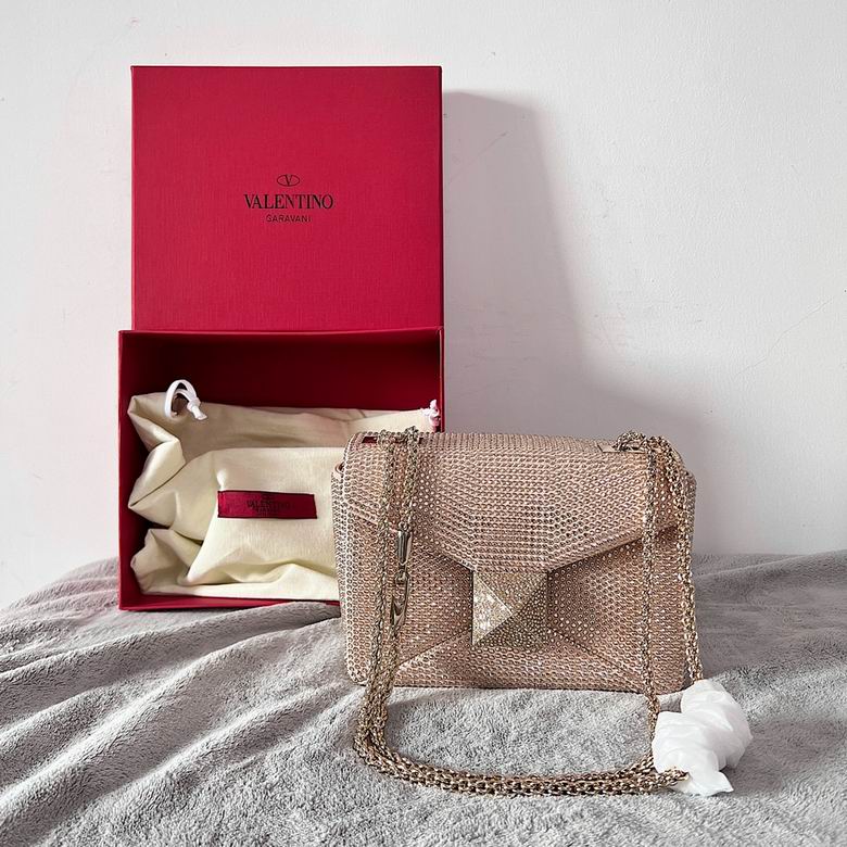 Valentino Garavani One Stud Crystal Shoulder Bag in Champagne with Chain Strap