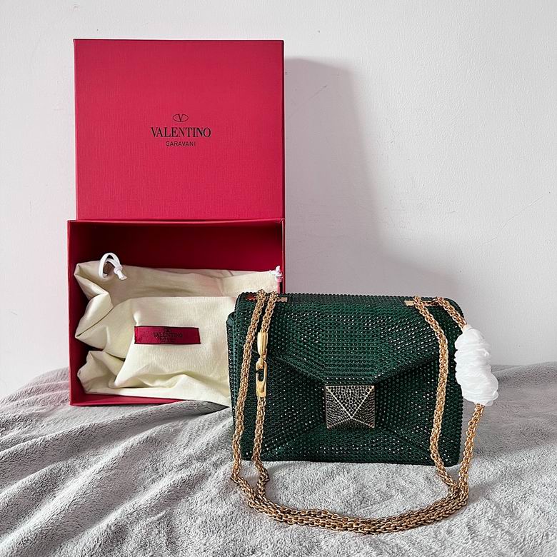 Valentino Garavani One Stud Crystal Shoulder Bag in Dark Green with Gold Chain