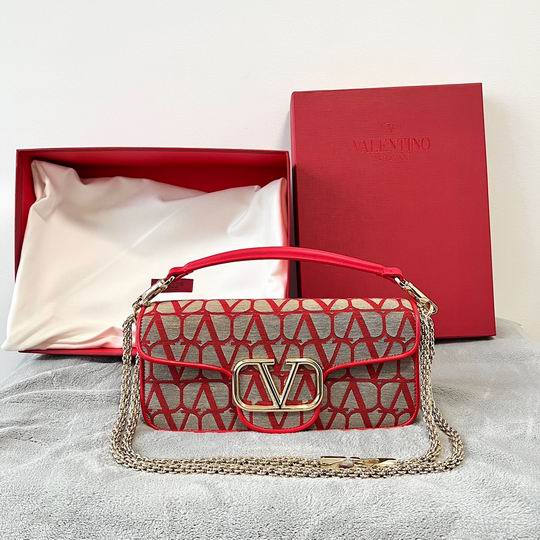 Valentino Locò Small Shoulder Bag in Red Toile Iconographe with Chain Strap
