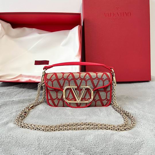 Valentino Locò Small Shoulder Bag in Red Toile Iconographe with Chain Strap