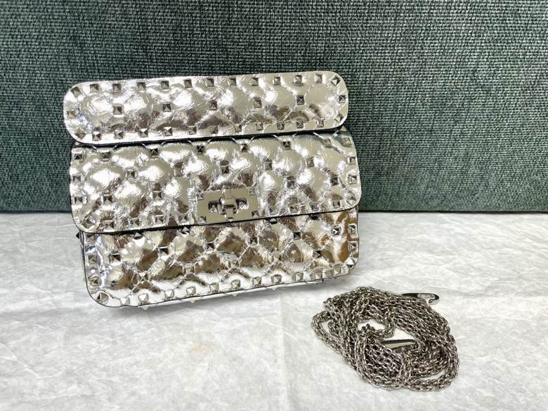 Valentino Rockstud Spike Small Chain Shoulder Bag in Silver Metallic Leather