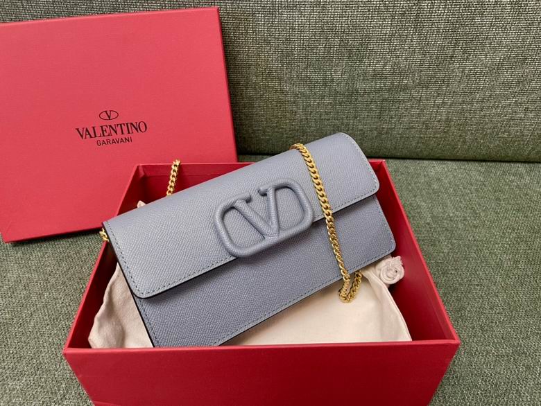 Valentino Garavani VLogo Signature Chain Wallet Bag in Blue-Grey Grained Leather