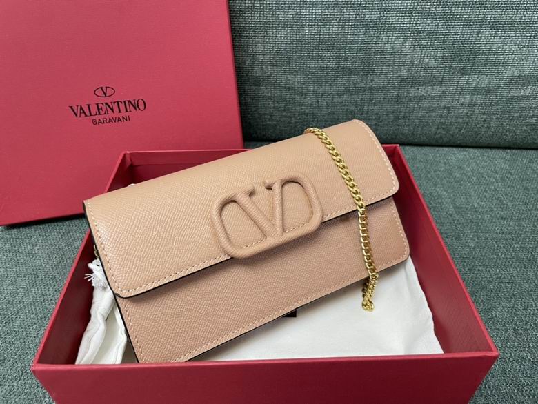 Valentino Garavani VSling Wallet on Chain in Blush Beige Grained Leather
