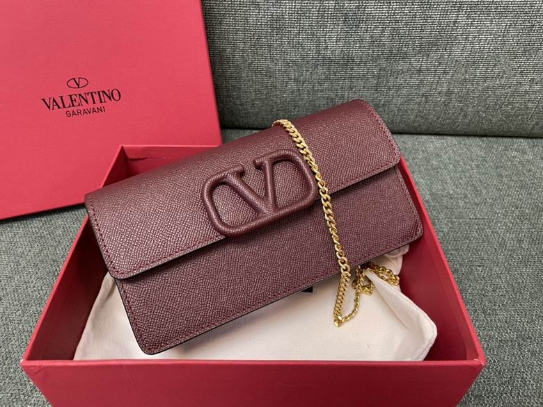 Valentino Garavani VSling Wallet on Chain in Burgundy Grained Leather
