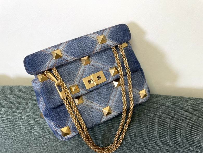 Valentino Roman Stud Small Chain Shoulder Bag in Blue Denim with Gold Studs