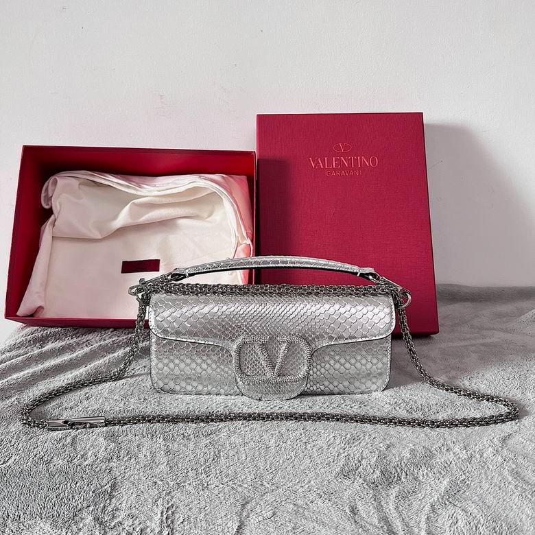 Valentino Garavani Locò Small Shoulder Bag in Silver Metallic Snake-Embossed Leather
