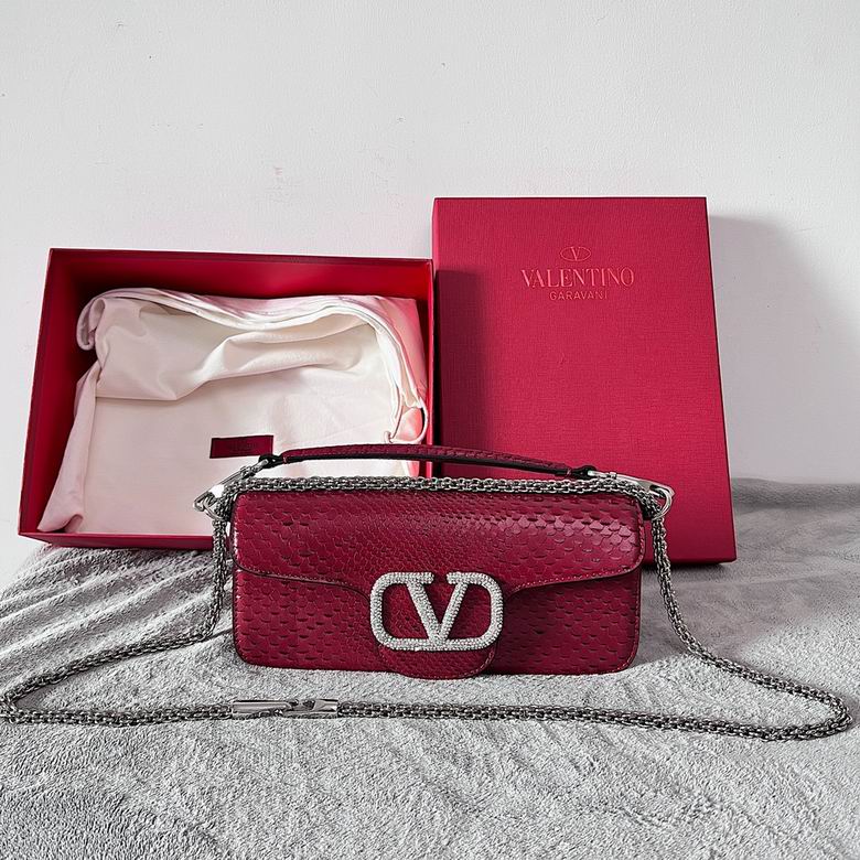 Valentino Locò Small Shoulder Bag in Burgundy Python-Effect Leather with Crystal VLogo