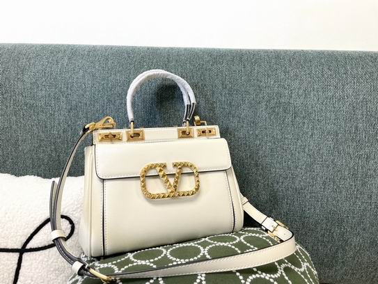 Valentino Rockstud Alcove Small Top-Handle Bag in White Leather