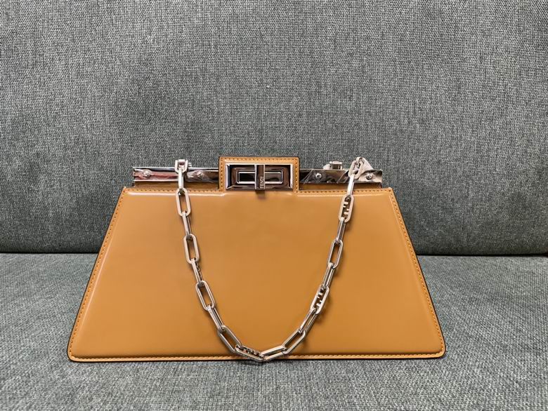 Fendi Peekaboo Cut Trapezoid Bag with Chain Handle in Tan Smooth Leather