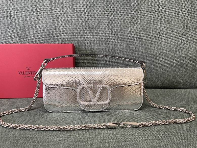 Valentino Garavani Locò Large Shoulder Bag in Silver Metallic Snake-Embossed Leather
