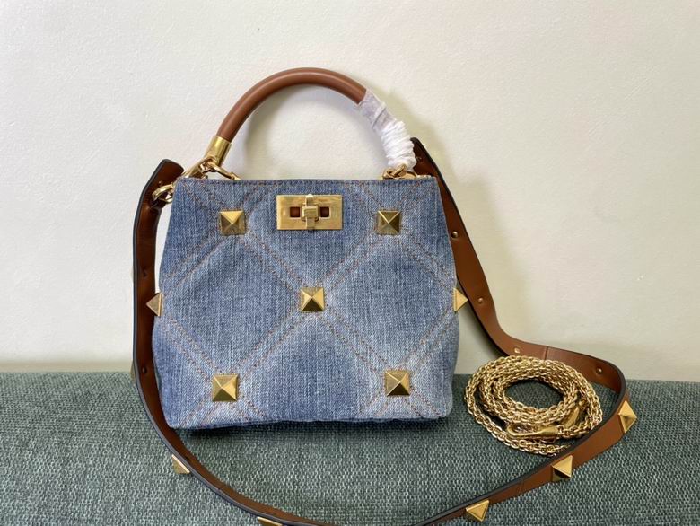Valentino Roman Stud Small Top-Handle Bag in Blue Quilted Denim