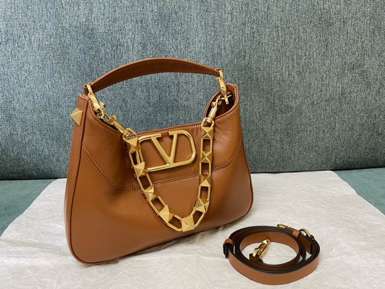 Valentino VLogo Hobo Shoulder Bag in Tan Leather with Gold Studded Chain