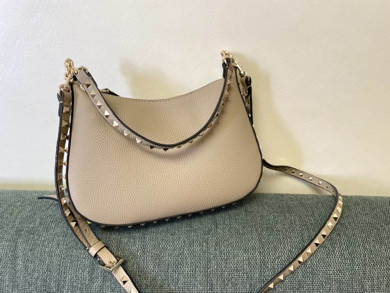 Valentino Rockstud Small Hobo Bag in Beige Grained Leather with Studs