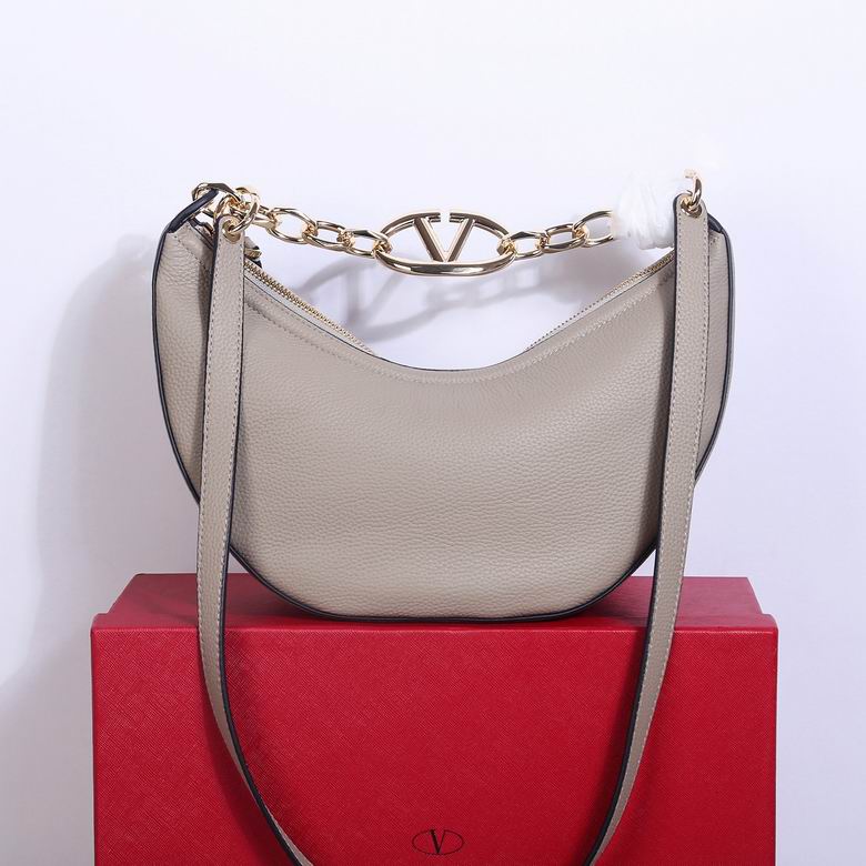 Valentino VLogo Moon Hobo Shoulder Bag in Greige Grained Leather