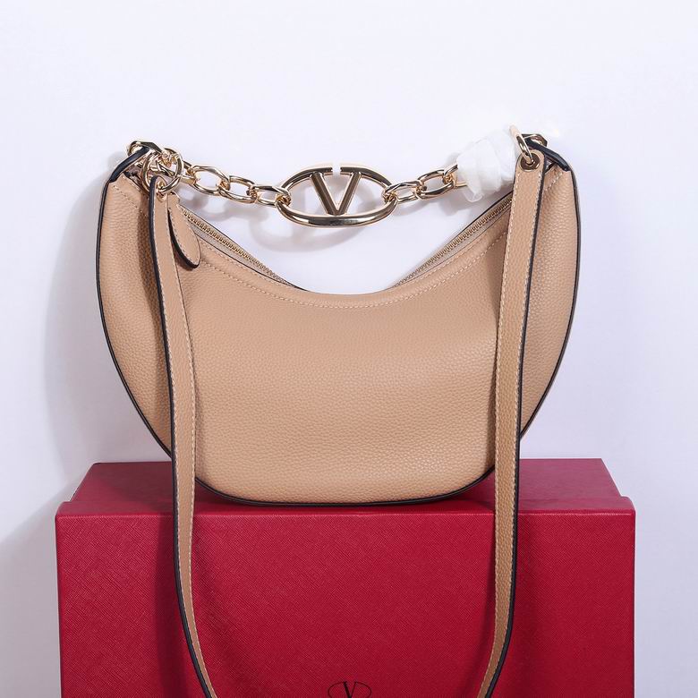 Valentino VLogo Moon Hobo Shoulder Bag in Beige Grained Leather