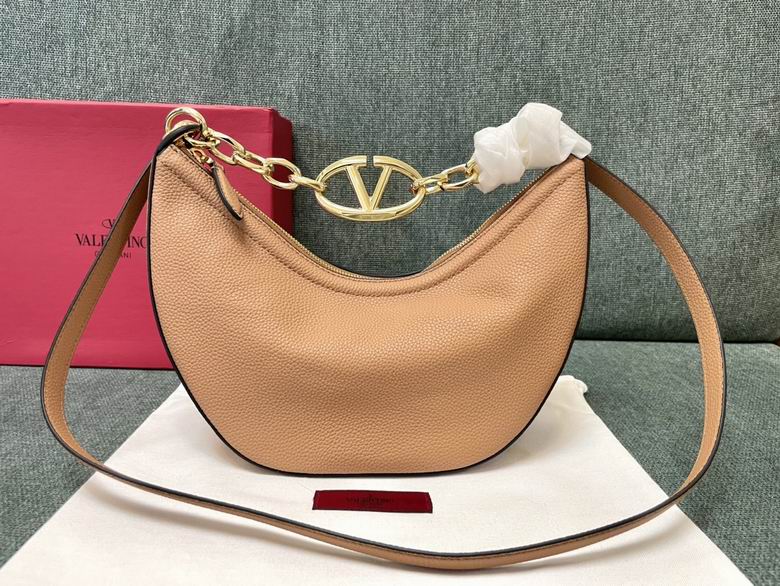 Valentino VLogo Moon Hobo Shoulder Bag in Tan Grained Leather with Gold Chain
