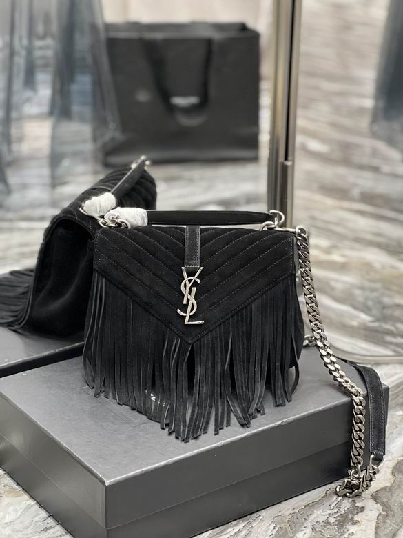 Saint Laurent College Medium Fringed Chain Bag in Black Suede