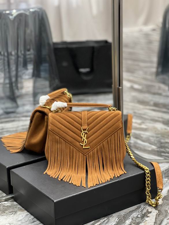 Saint Laurent College Medium Fringe Shoulder Bag in Tan Suede