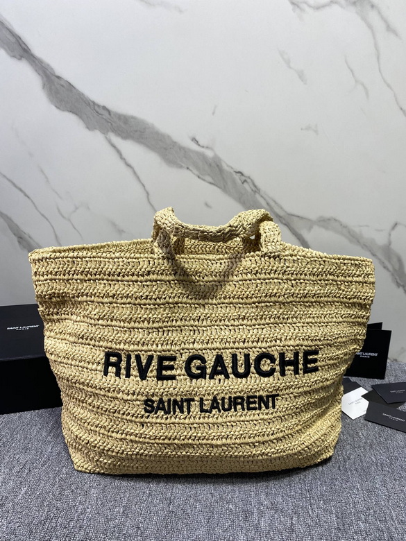 Saint Laurent Rive Gauche Tote Bag in Natural Raffia with Black Logo