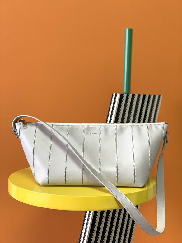 Saint Laurent Vertical-Stitched Zip Shoulder Bag in White Smooth Leather