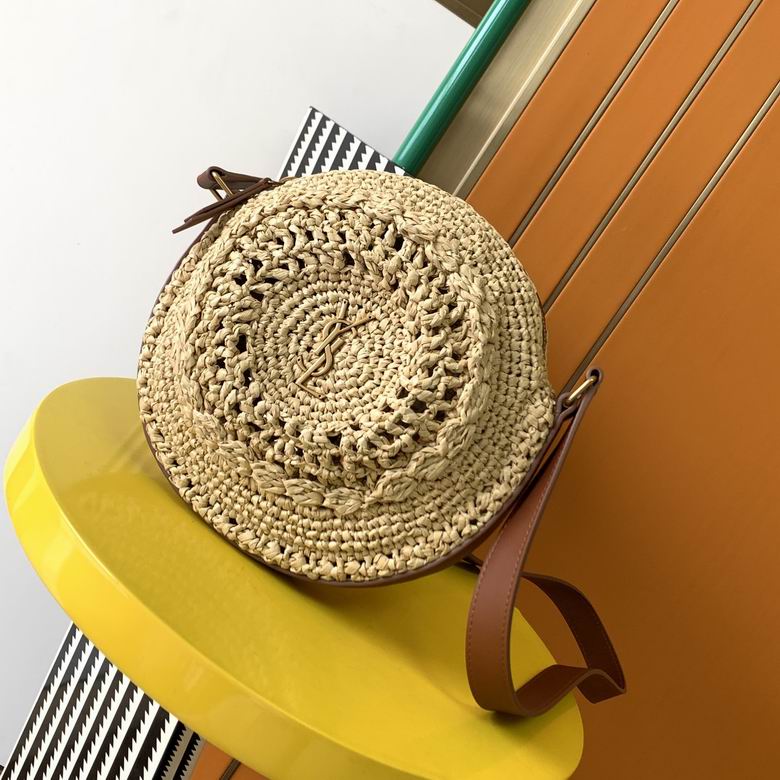 Saint Laurent Round Crochet Raffia Crossbody Bag with YSL Logo in Natural and Tan