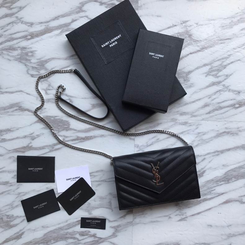 Saint Laurent Monogram Envelope Chain Wallet in Black Matelassé Leather