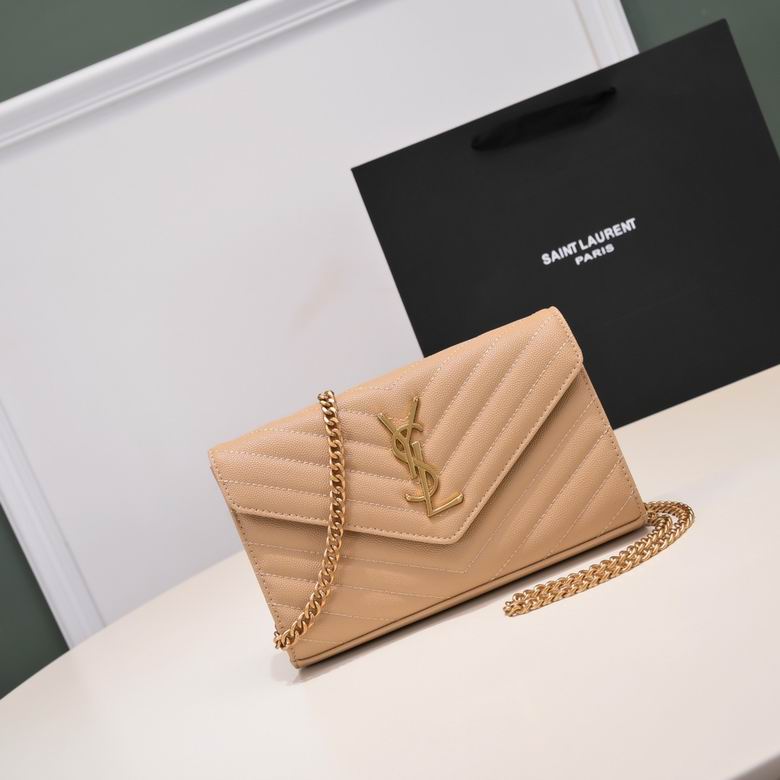 Saint Laurent Monogram Envelope Chain Wallet in Beige Grained Leather