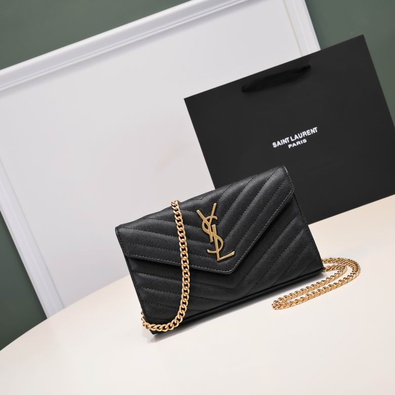 Saint Laurent Monogram Envelope Chain Wallet in Black Matelassé Grain Leather