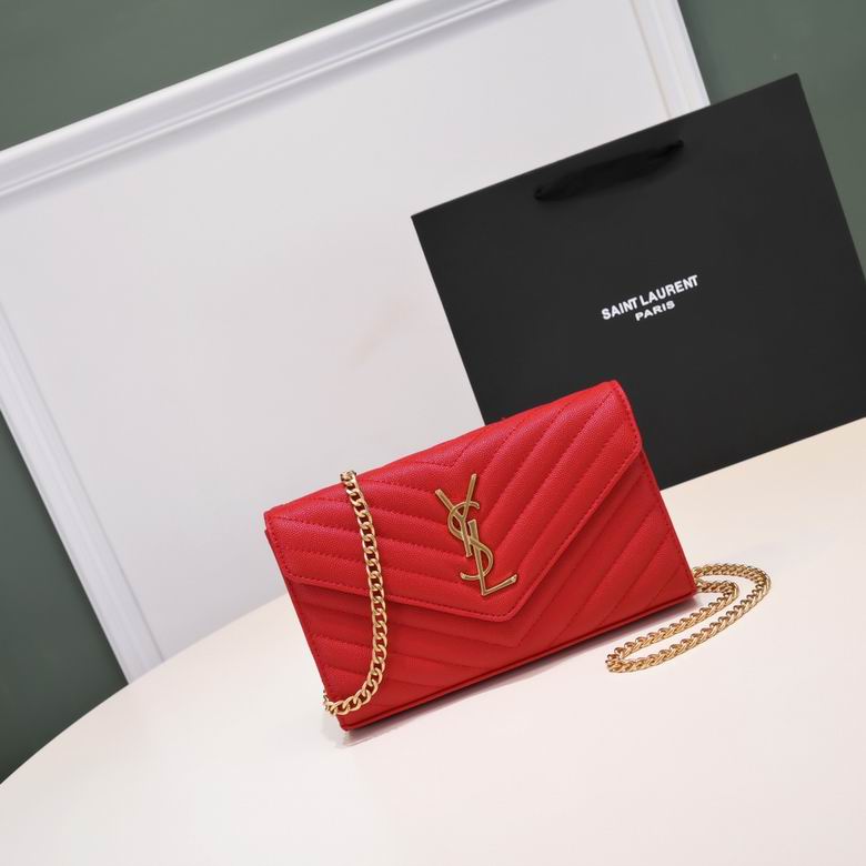 Saint Laurent Monogram Envelope Chain Wallet in Red Grain de Poudre Leather