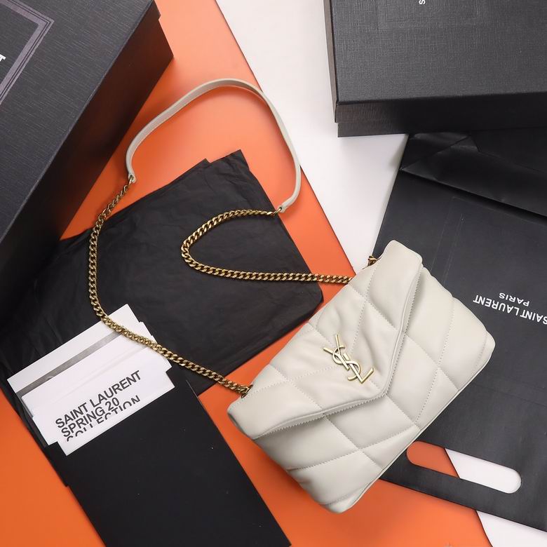 Saint Laurent Puffer Toy Chain Bag in White Quilted Lambskin with Gold Hardware