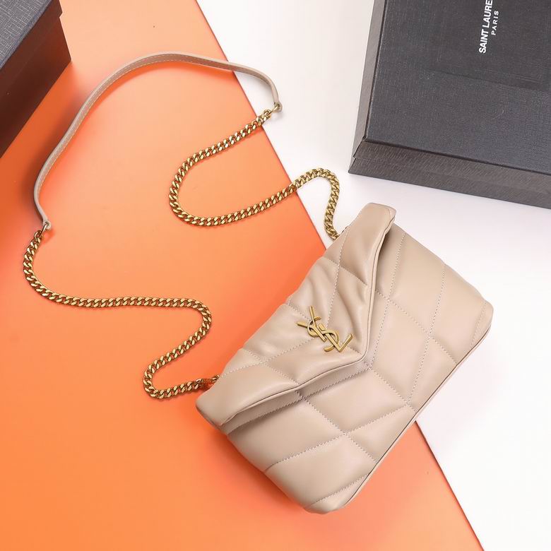 Saint Laurent Puffer Toy Chain Bag in Beige Quilted Lambskin with Gold Hardware