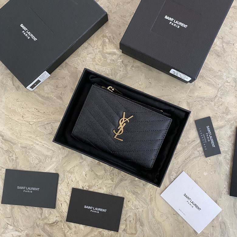 Saint Laurent Cassandre Zipped Card Case in Black Grain Leather with Gold YSL