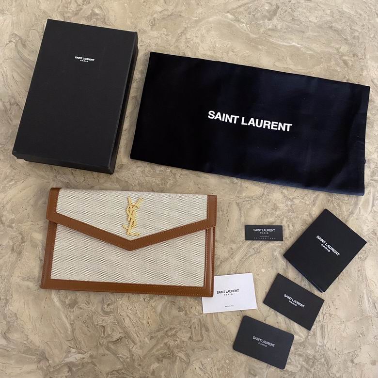 Saint Laurent Uptown Envelope Pouch Clutch in Beige Canvas and Tan Leather