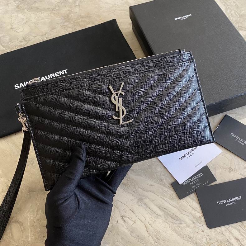 Saint Laurent Monogram Zip Pouch with Wrist Strap in Black Grain Leather