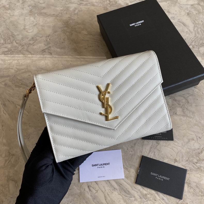 Saint Laurent Monogram Envelope Chain Wallet in White Grain de Poudre Leather