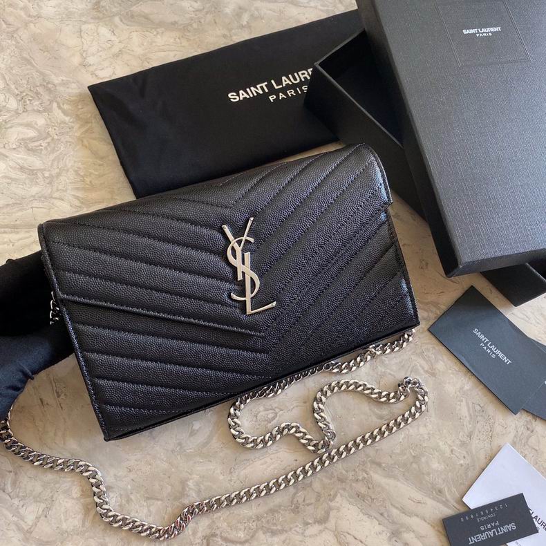 Saint Laurent Cassandre Envelope Chain Wallet in Black Grain de Poudre Leather