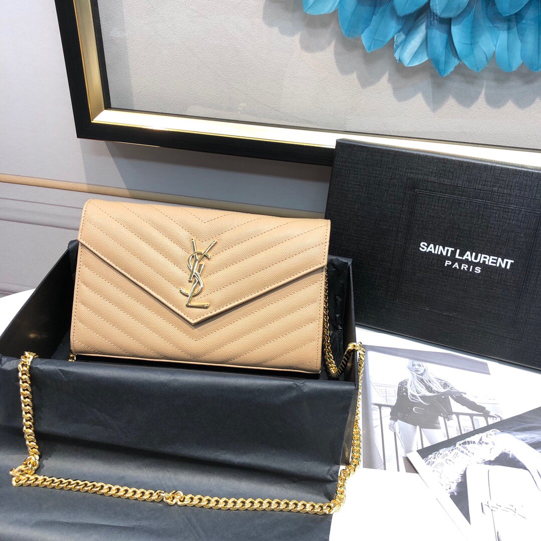 Saint Laurent Envelope Chain Wallet in Beige Matelassé Grain de Poudre Leather