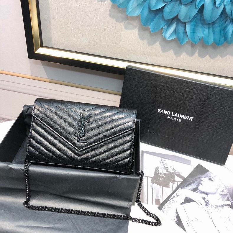 Saint Laurent Monogram Envelope Wallet on Chain in Black Grained Leather