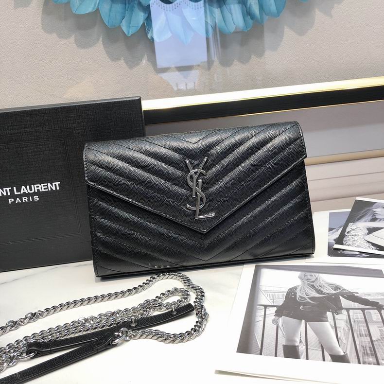 Saint Laurent Envelope Chain Wallet in Black Matelassé Grain de Poudre Leather