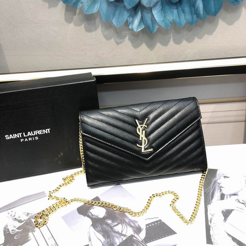 Saint Laurent Monogram Envelope Chain Wallet in Black Matelassé Leather