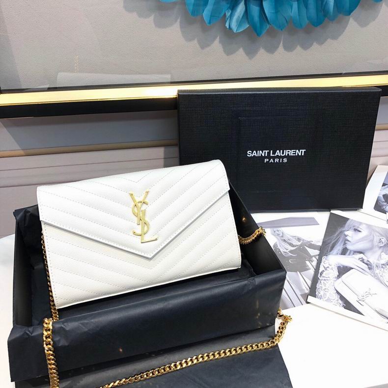 Saint Laurent Monogram Envelope Chain Wallet in White Matelassé Leather