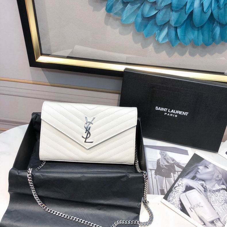 Saint Laurent Envelope Chain Wallet in White Grain de Poudre Chevron Leather