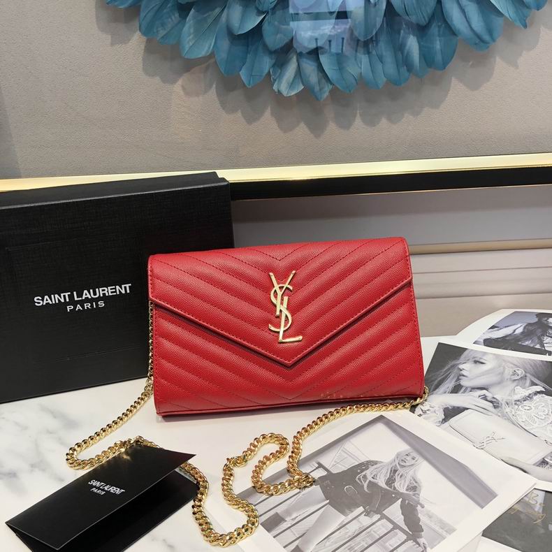 Saint Laurent Envelope Chain Wallet in Red Matelassé Grain Leather, Gold Hardware