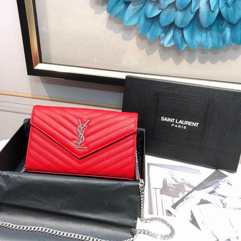 Saint Laurent Monogram Envelope Chain Wallet in Red Grain de Poudre Leather