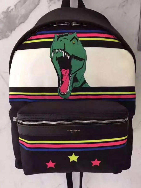Saint Laurent City Backpack in Black Canvas with T-Rex Dinosaur and Star Print