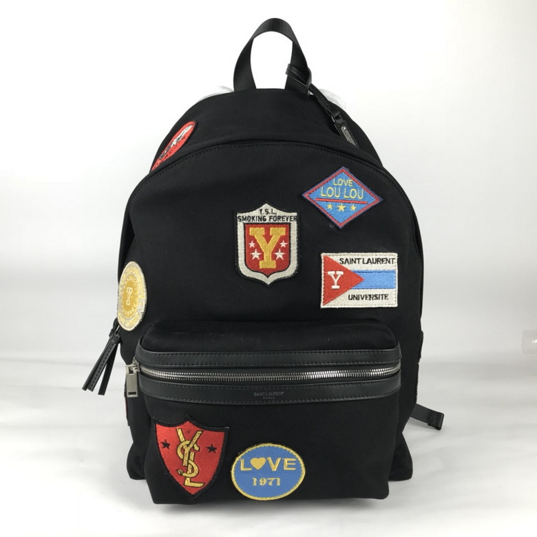 Saint Laurent City Backpack with Multi-Patch Appliqués in Black Canvas