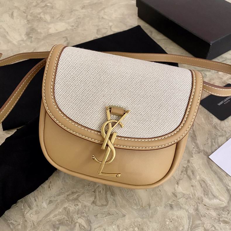 Saint Laurent Kaia Small Crossbody Bag in Beige Canvas and Tan Leather