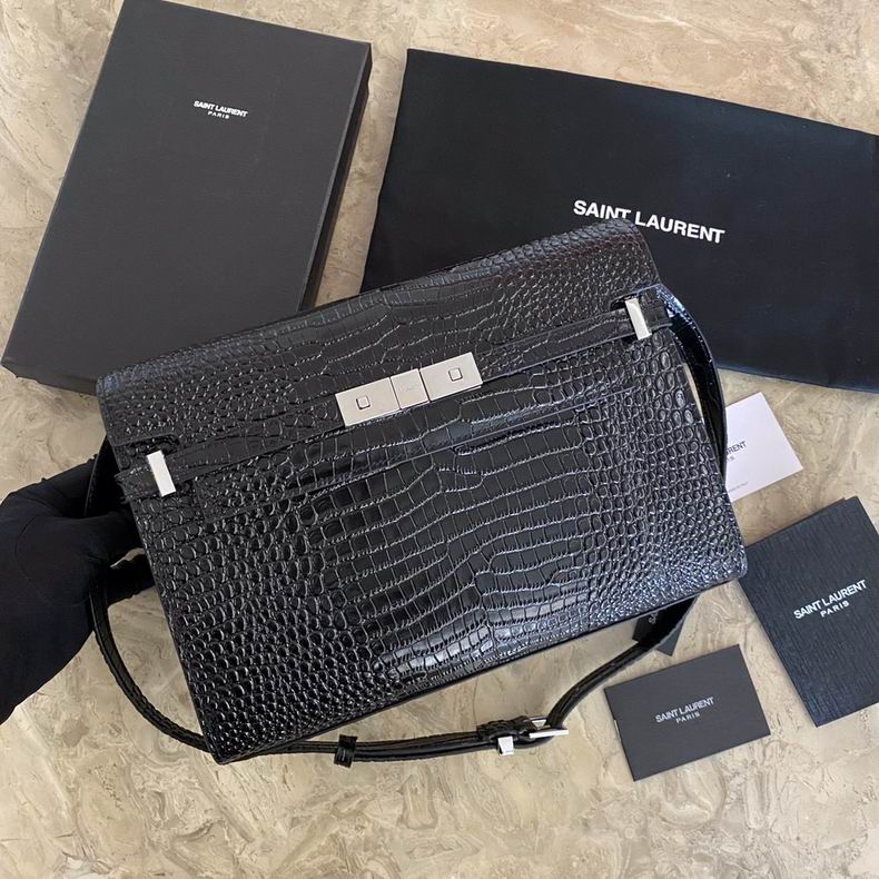 Saint Laurent Manhattan Small Shoulder Bag in Black Crocodile-Embossed Leather